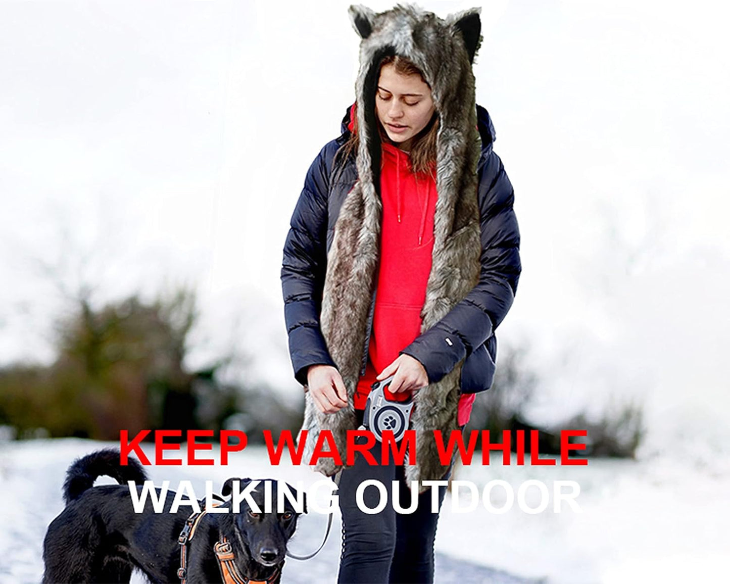 Animal Hat Faux Fur Hood Scarf Full Pockets Ear Flat Cap Hoodie