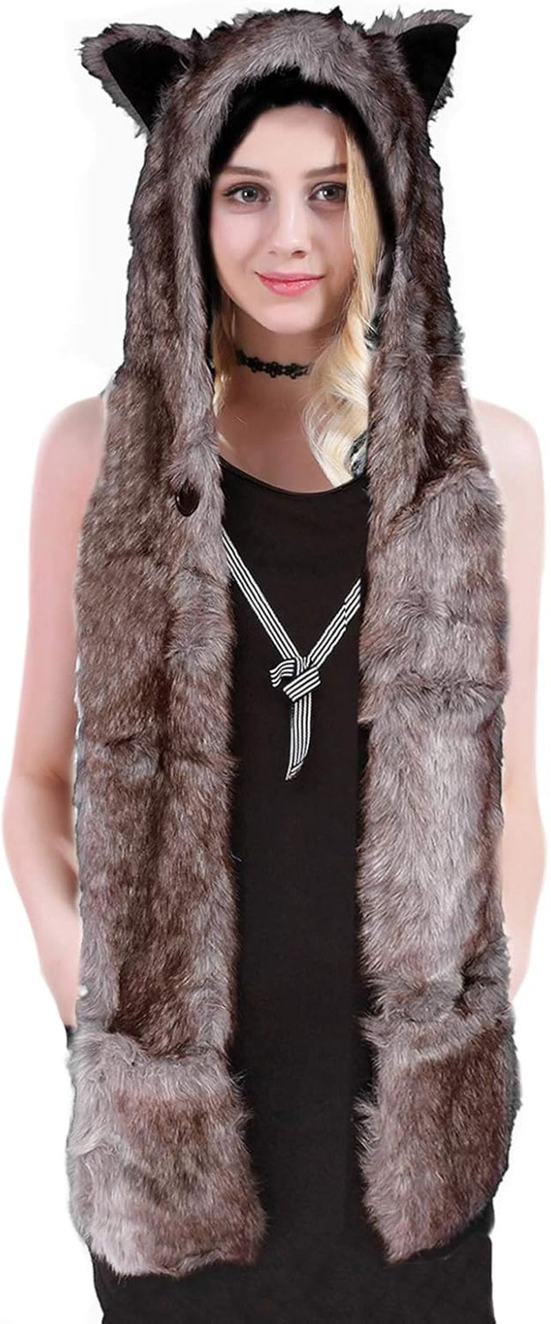 Animal Hat Faux Fur Hood Scarf Full Pockets Ear Flat Cap Hoodie